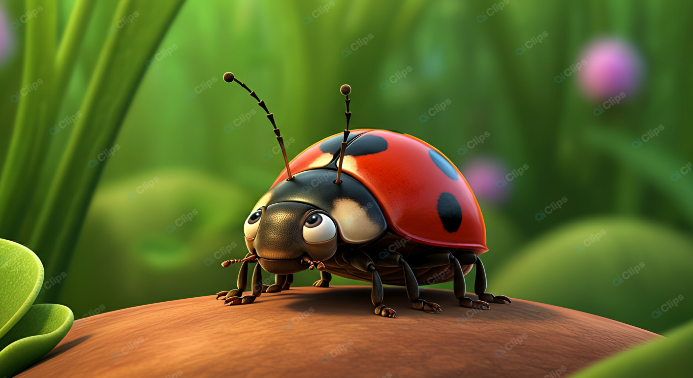 Cartoon Ladybug on Leaf in Vibrant Garden