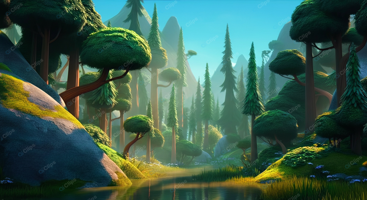 Fantasy Forest Landscape with Sunlit River