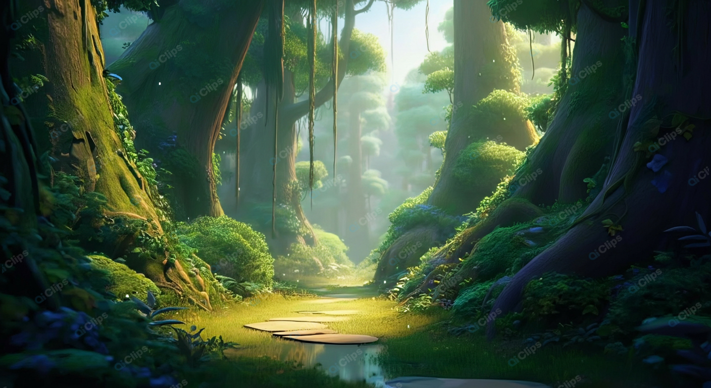 Enchanted Forest Pathway with Sunlight and Mist