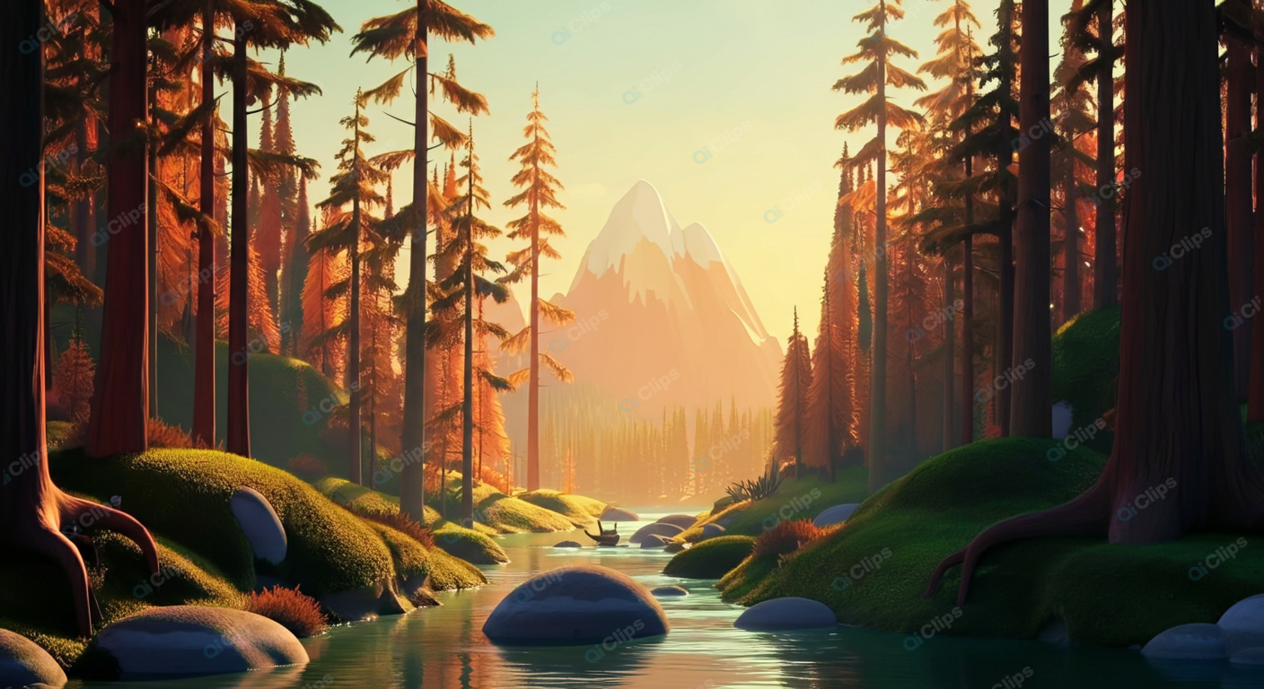 Sunlit Forest Stream with Mountain Backdrop