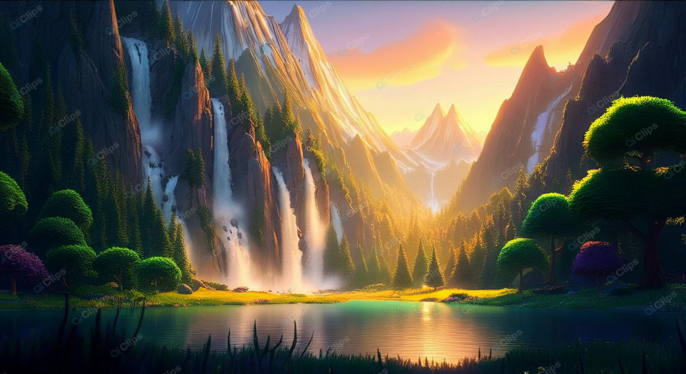 Majestic Mountain Waterfalls at Sunset