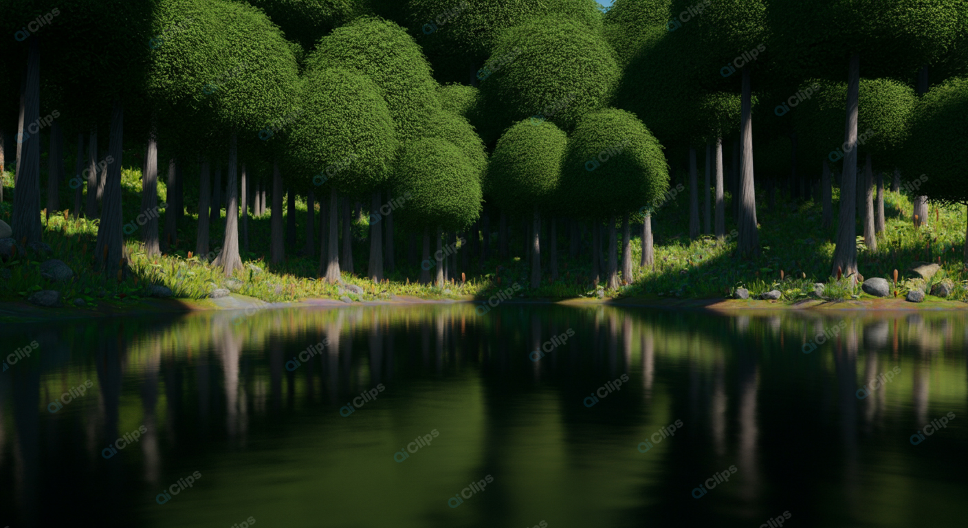 Reflective Forest Lake Scene with Lush Greenery