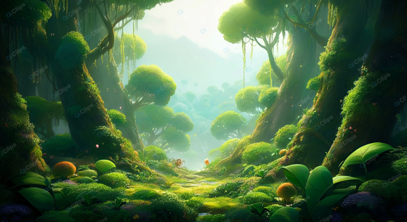 Magical Forest Path Surrounded by Lush Greenery
