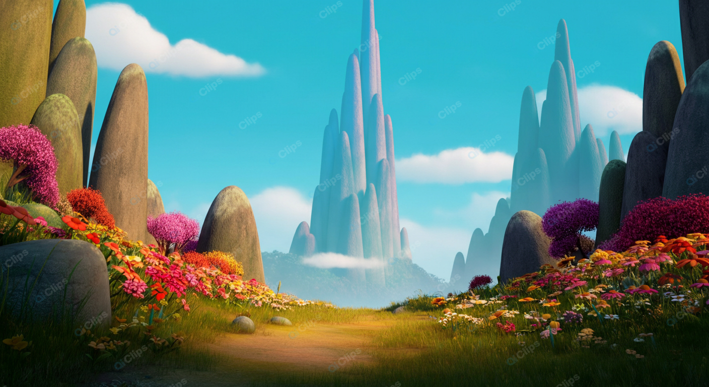 Fantasy Landscape with Colorful Flowers and Rock Formations