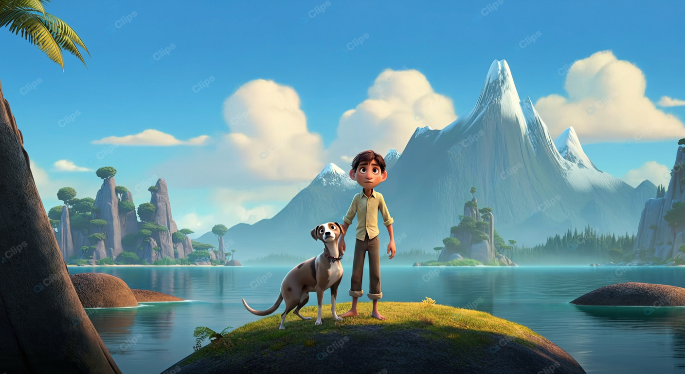 Boy and Dog on Island with Mountainous Landscape