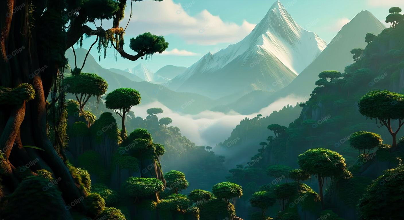 Mountain View with Misty Forest and Snowy Peaks