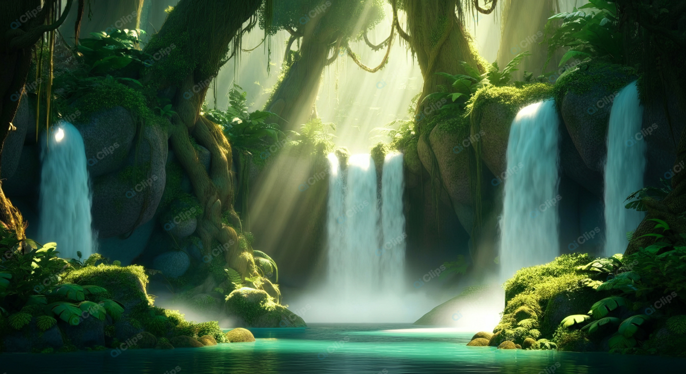 Tropical Waterfall in Sunlit Jungle Oasis