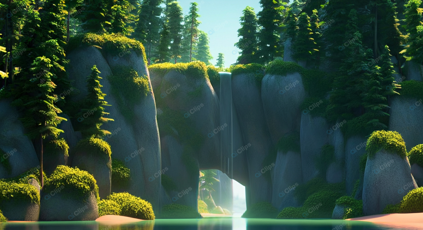 Lush Forest Waterfall with Sunlit Cliffs