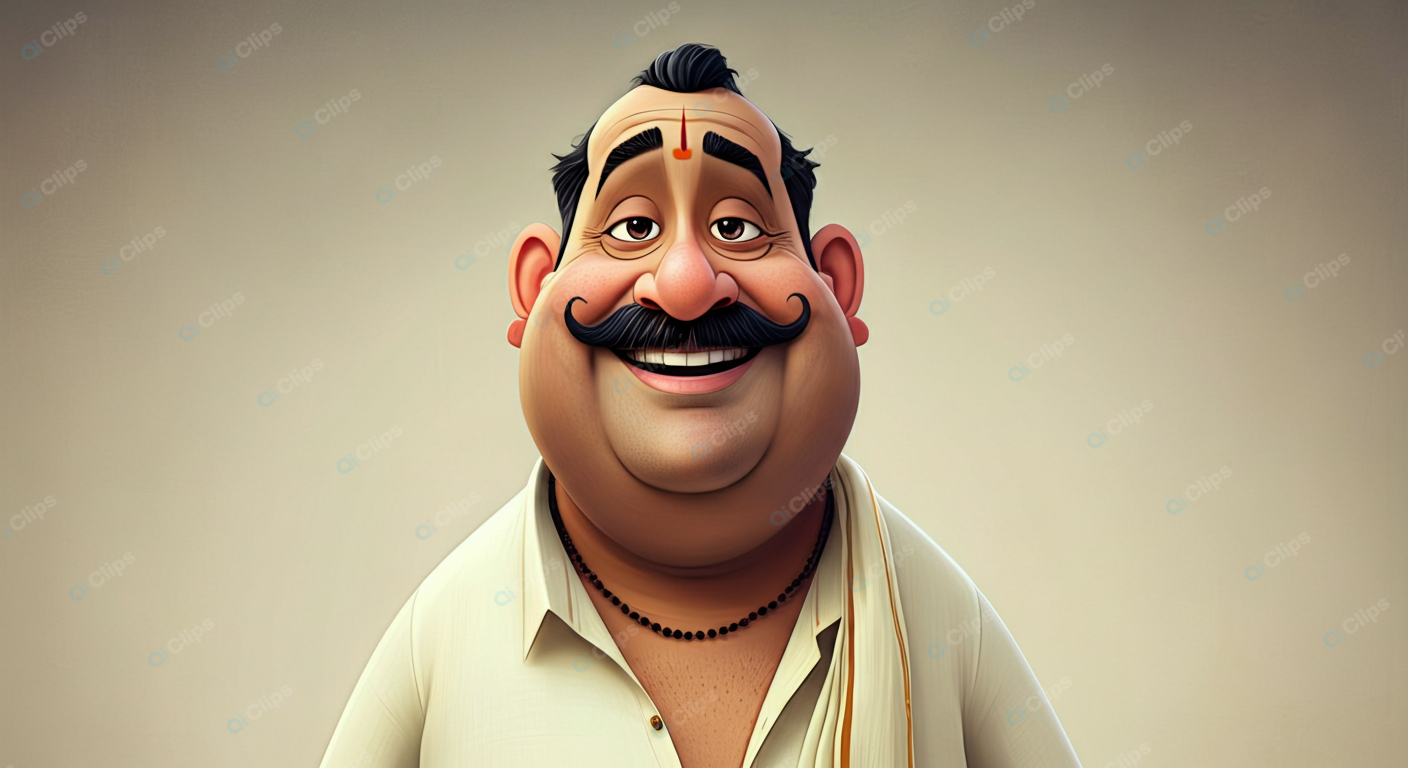 Cheerful Cartoon Character with Mustache and Traditional Attire