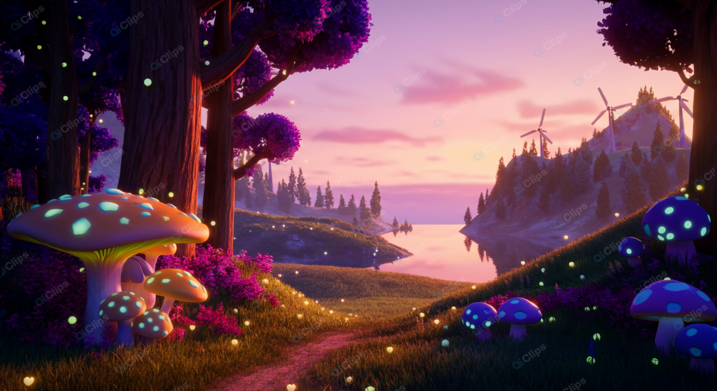 Fantasy Landscape with Glowing Mushrooms and Windmills at Sunset