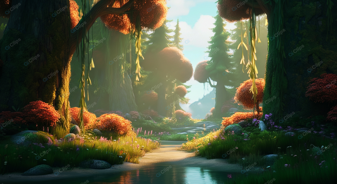 Enchanted Forest Path with Vibrant Autumn Foliage