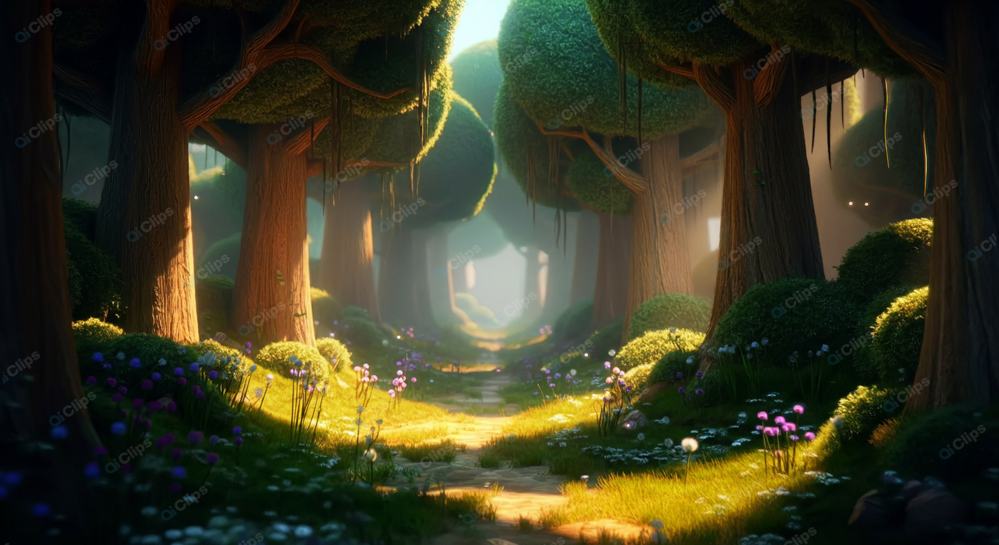 Enchanted Forest Pathway with Sunlit Trees and Flowers