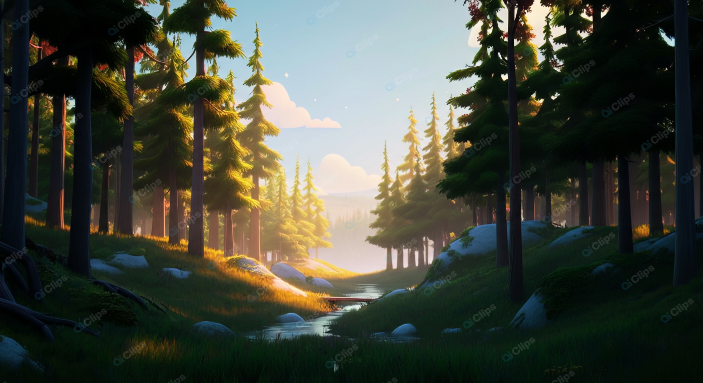 Sunlit Forest with Stream at Dawn