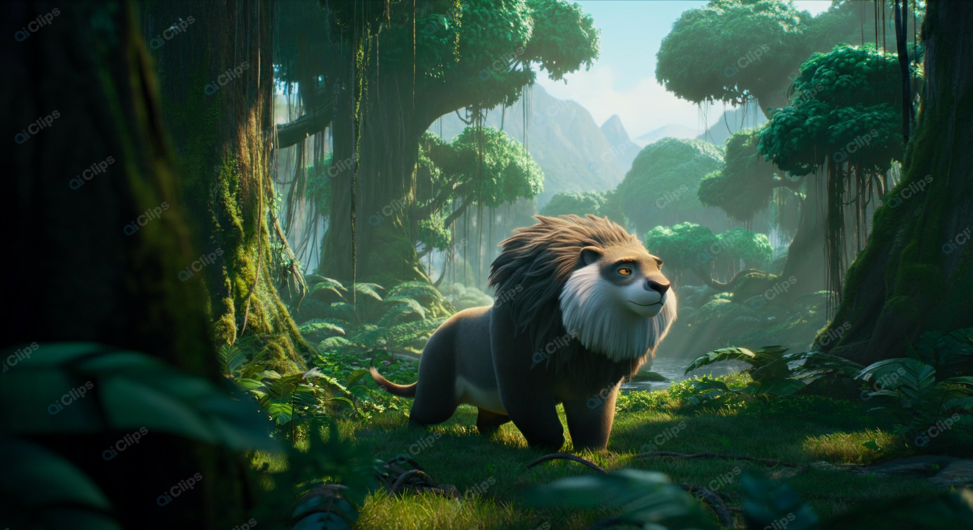 Lion in Lush Jungle with Sunlight Filtering Through Trees