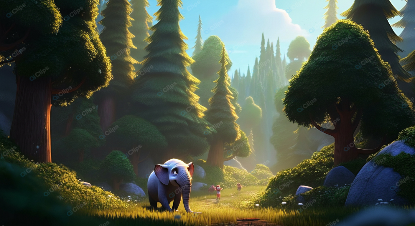 Animated Enchanted Forest with Elephant and Hikers