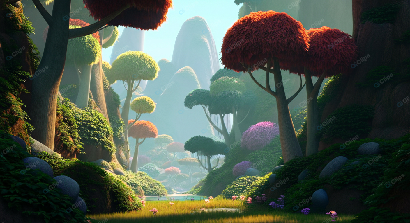 Animated Fantasy Forest with Colorful Trees and Mountains