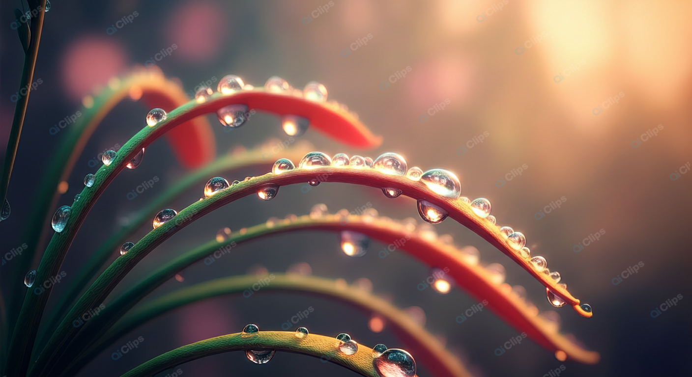 Dew Drops on Curved Leaves in Soft Morning Light