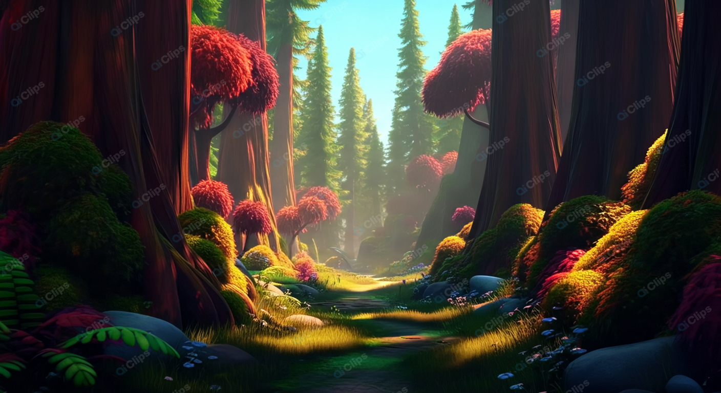 Enchanted Forest Path with Sunlit Trees and Vibrant Foliage