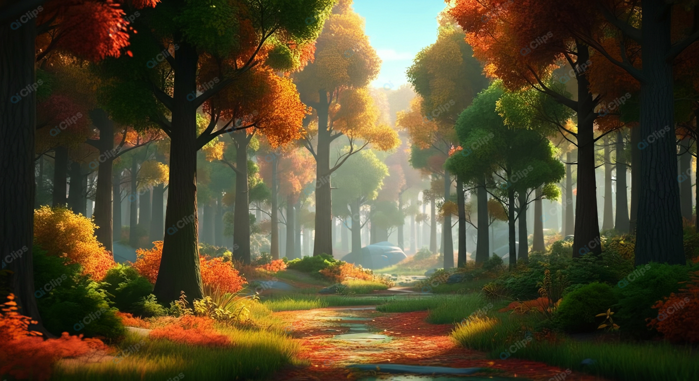 Autumn Forest Pathway with Vibrant Foliage and Sunlight