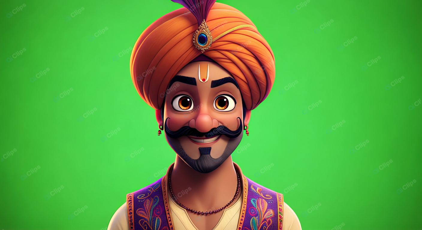 Cartoon Character with Turban on Green Background