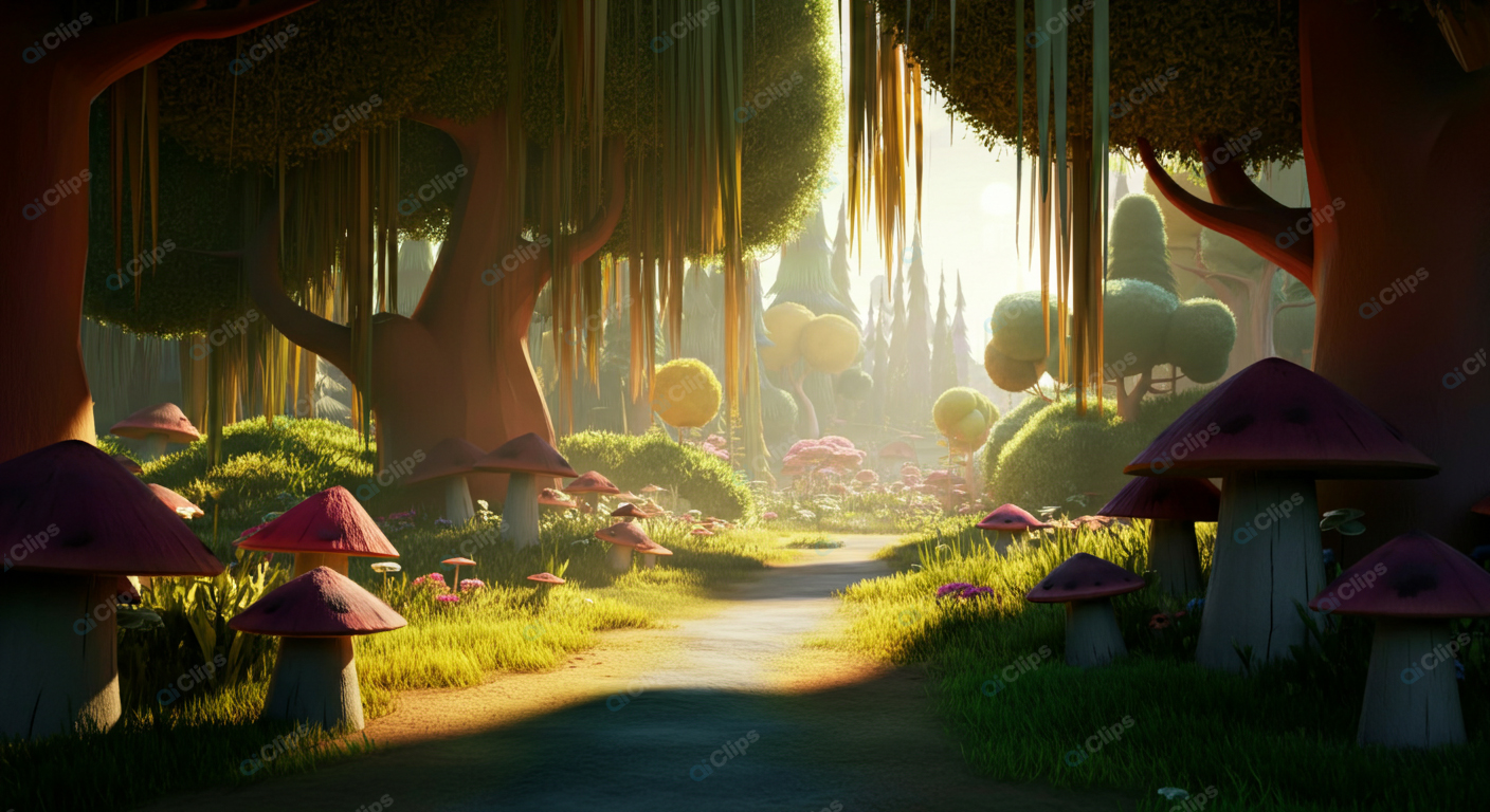 Enchanted Forest with Sunlit Path and Mushrooms