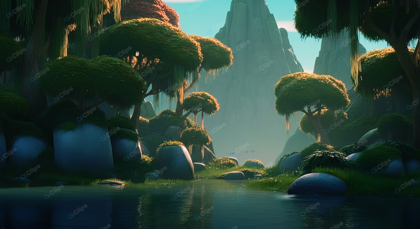 Fantasy Forest Landscape with Tranquil River and Mountains