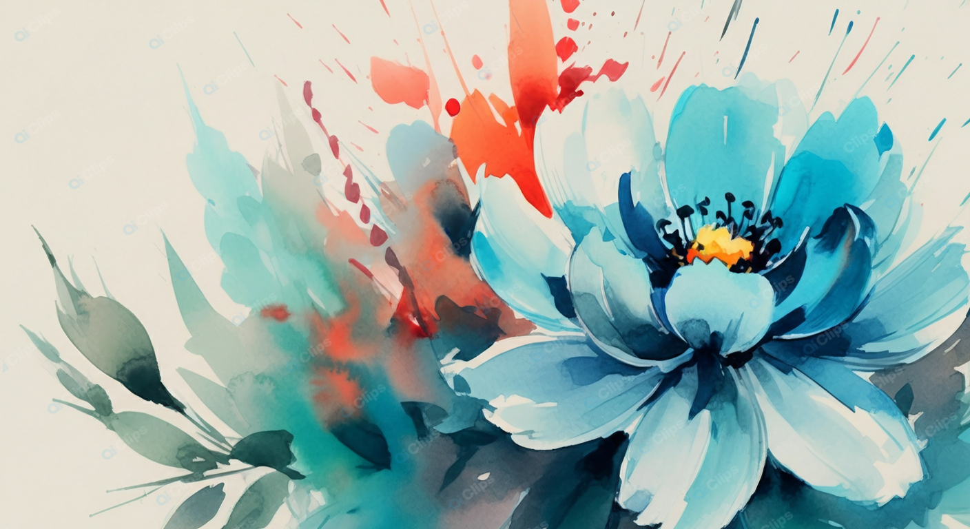 Blue Artistic Flower with Vibrant Watercolor Splashes