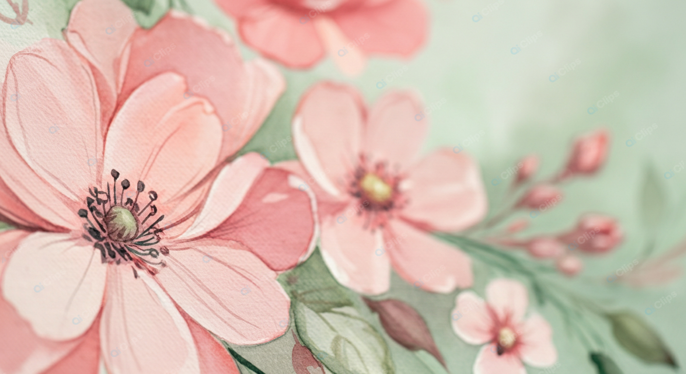 Pink Floral Watercolor Close-Up Painting