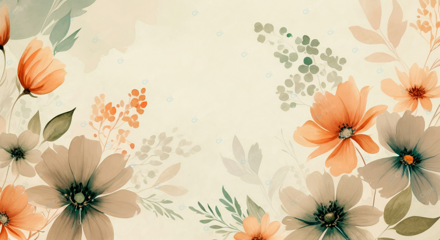 Floral Watercolor Background Art with Orange and Green Blooms