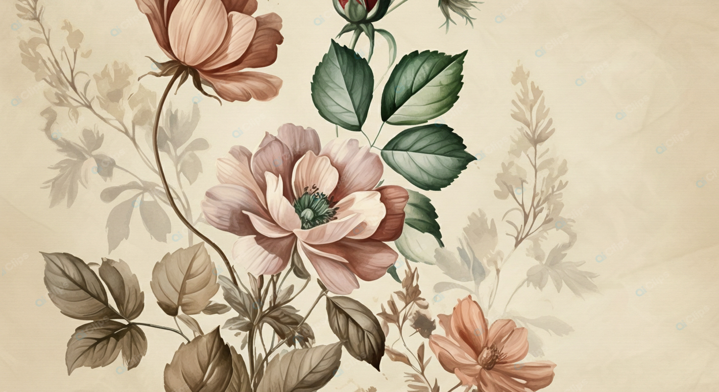 Vintage Floral Illustration with Leaves and Roses