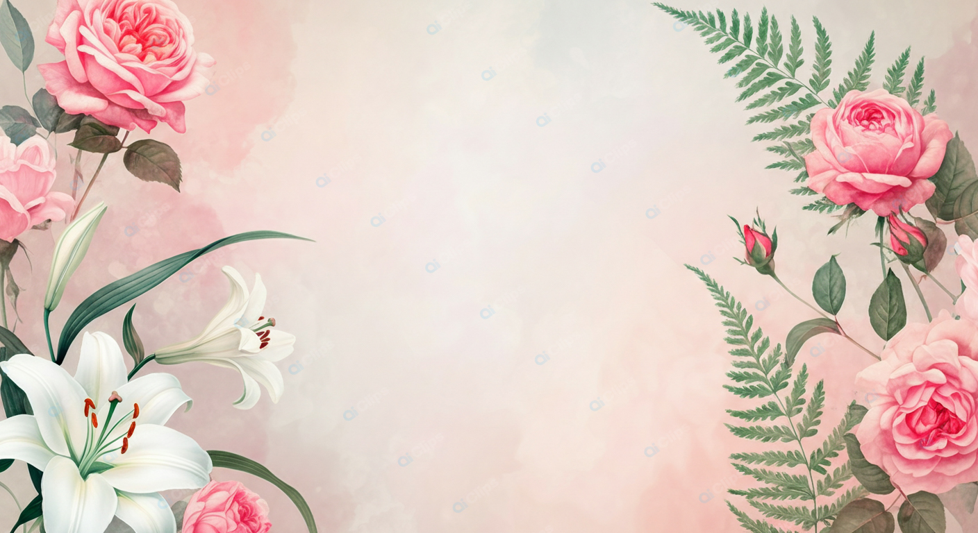 Pink Roses and White Lilies on Soft Background