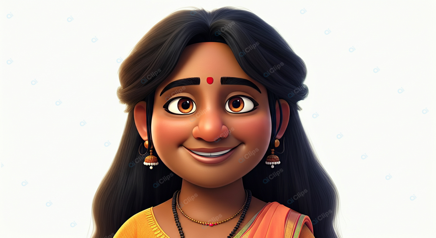 Animated Portrait of Smiling Woman in Traditional Attire