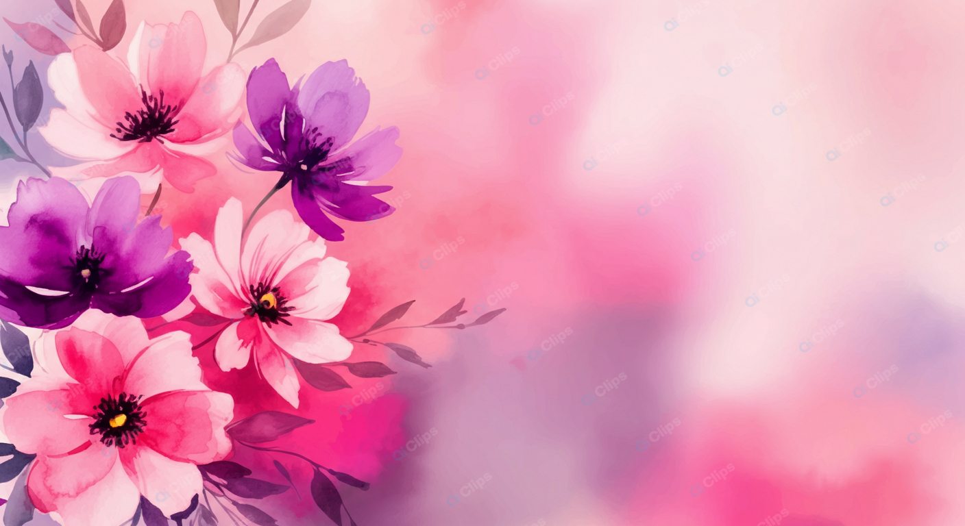Watercolor Floral Background with Pink and Purple Flowers