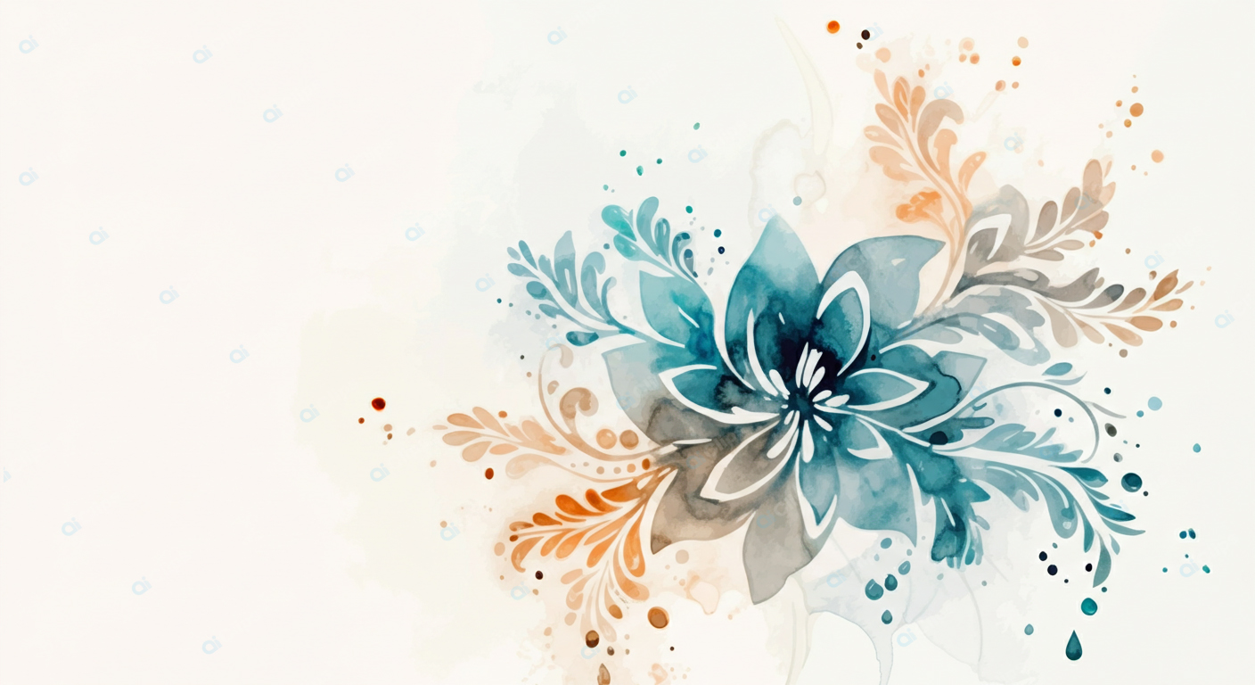 Watercolor Floral Design with Blue and Orange Accents