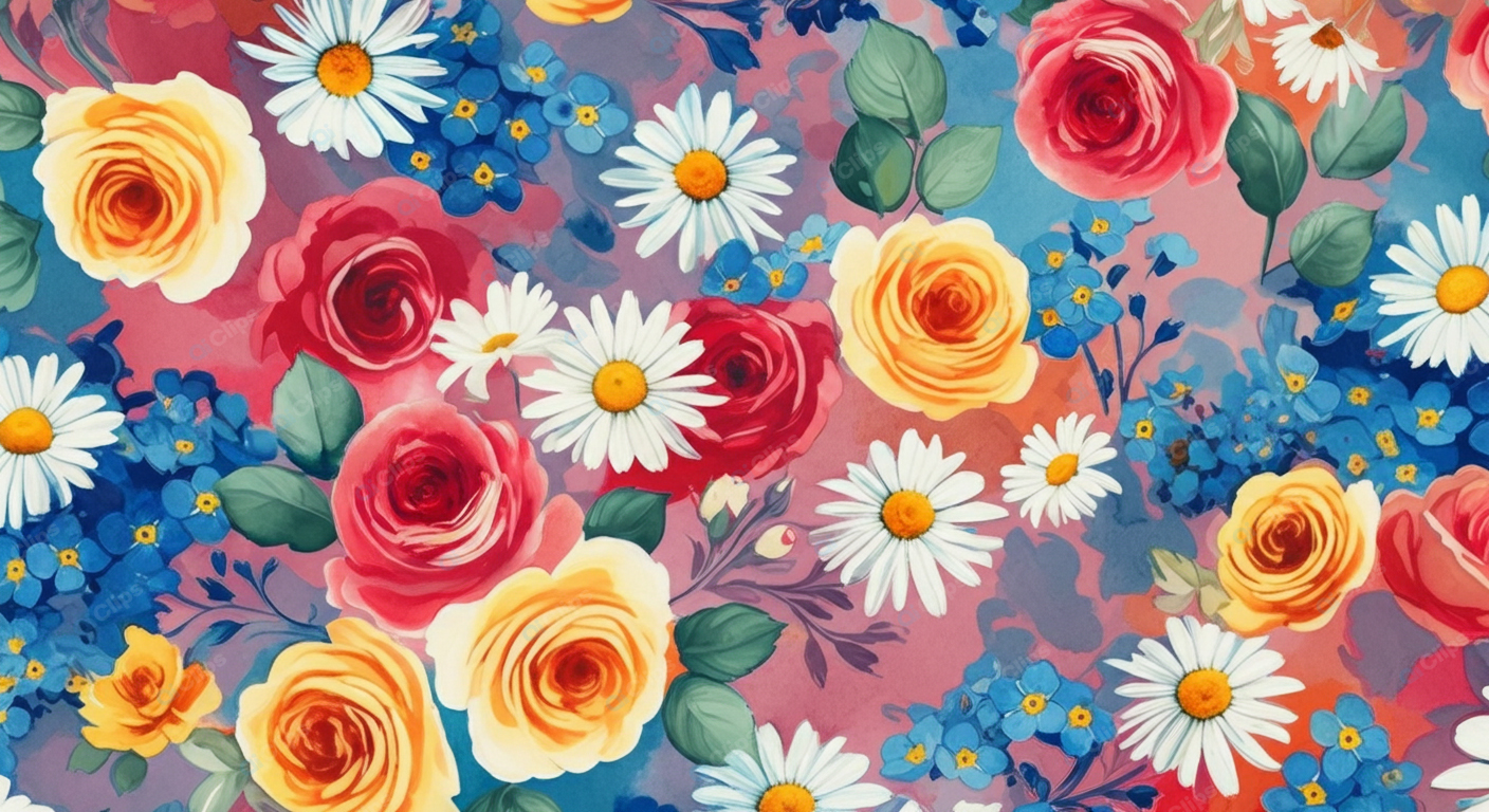 Colorful Floral Pattern with Roses and Daisies