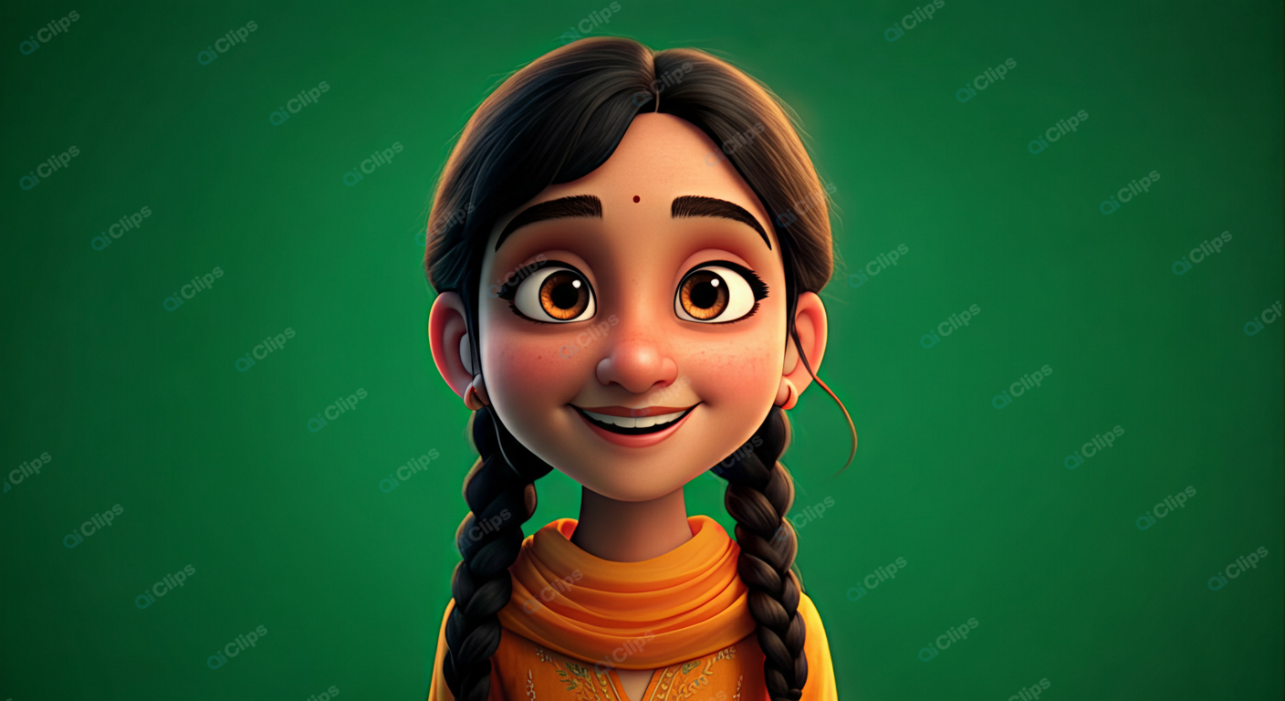 Young Animated Girl Smiling with Braids on Green Background