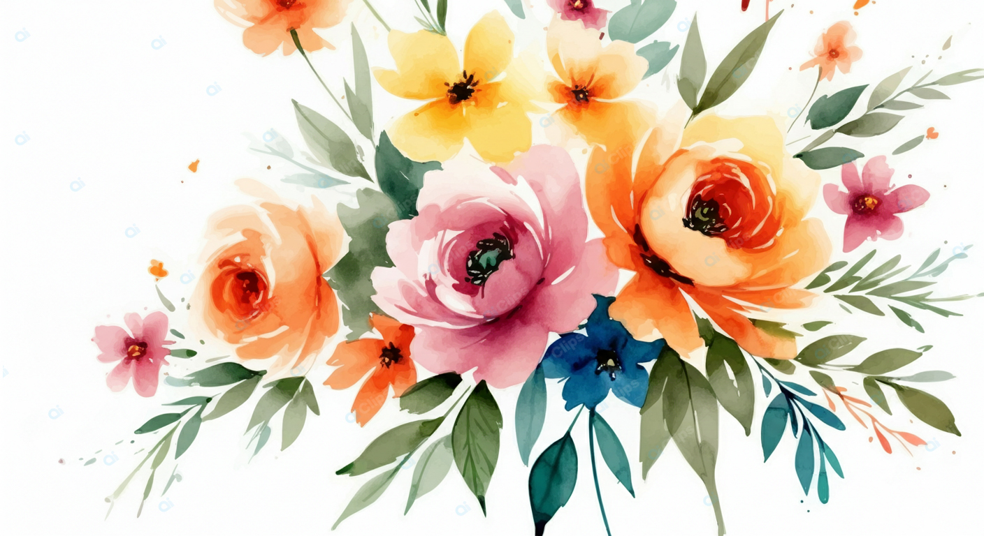 Watercolor Floral Bouquet Illustration with Vibrant Blossoms and Greenery
