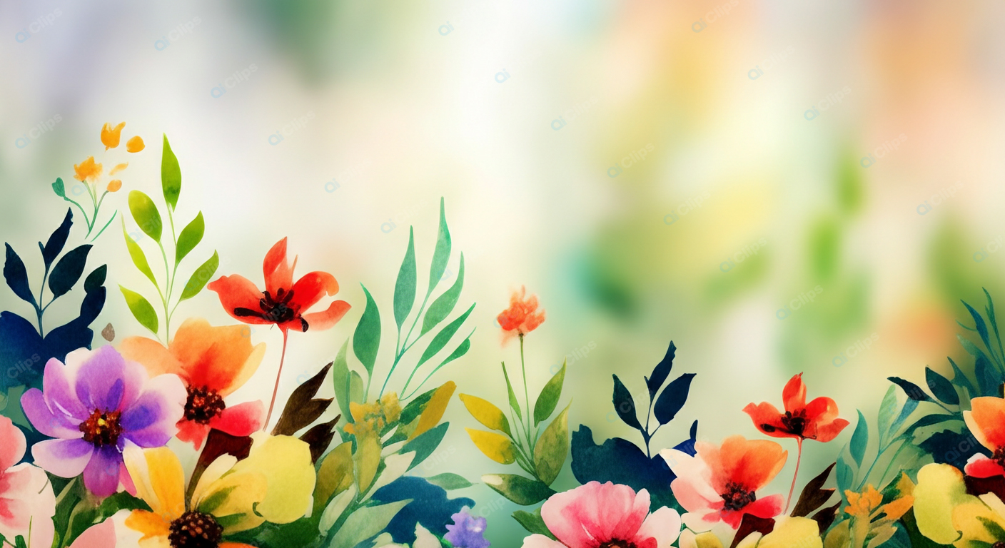 Watercolor Blooming Flowers and Leaves