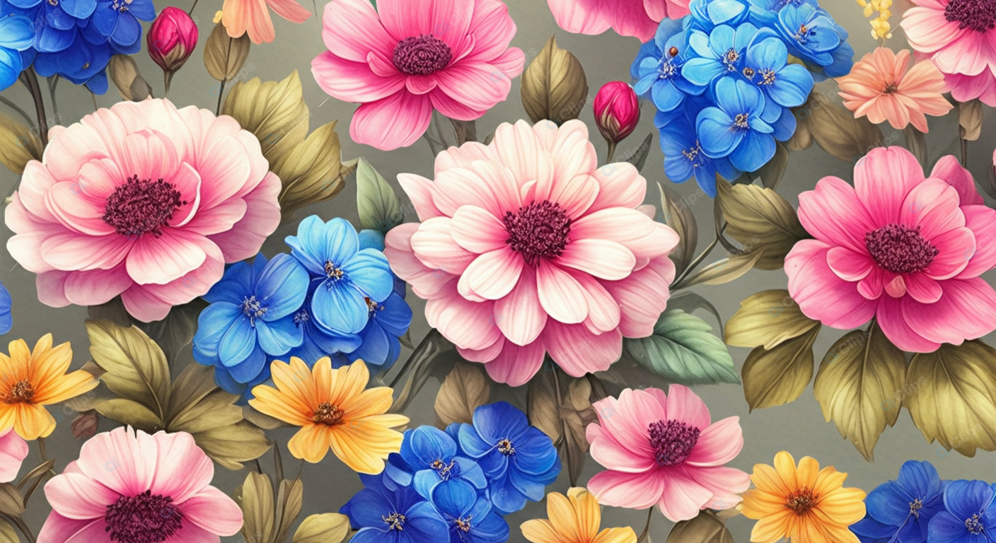 Colorful Floral Pattern with Pink, Blue, and Yellow Blooms