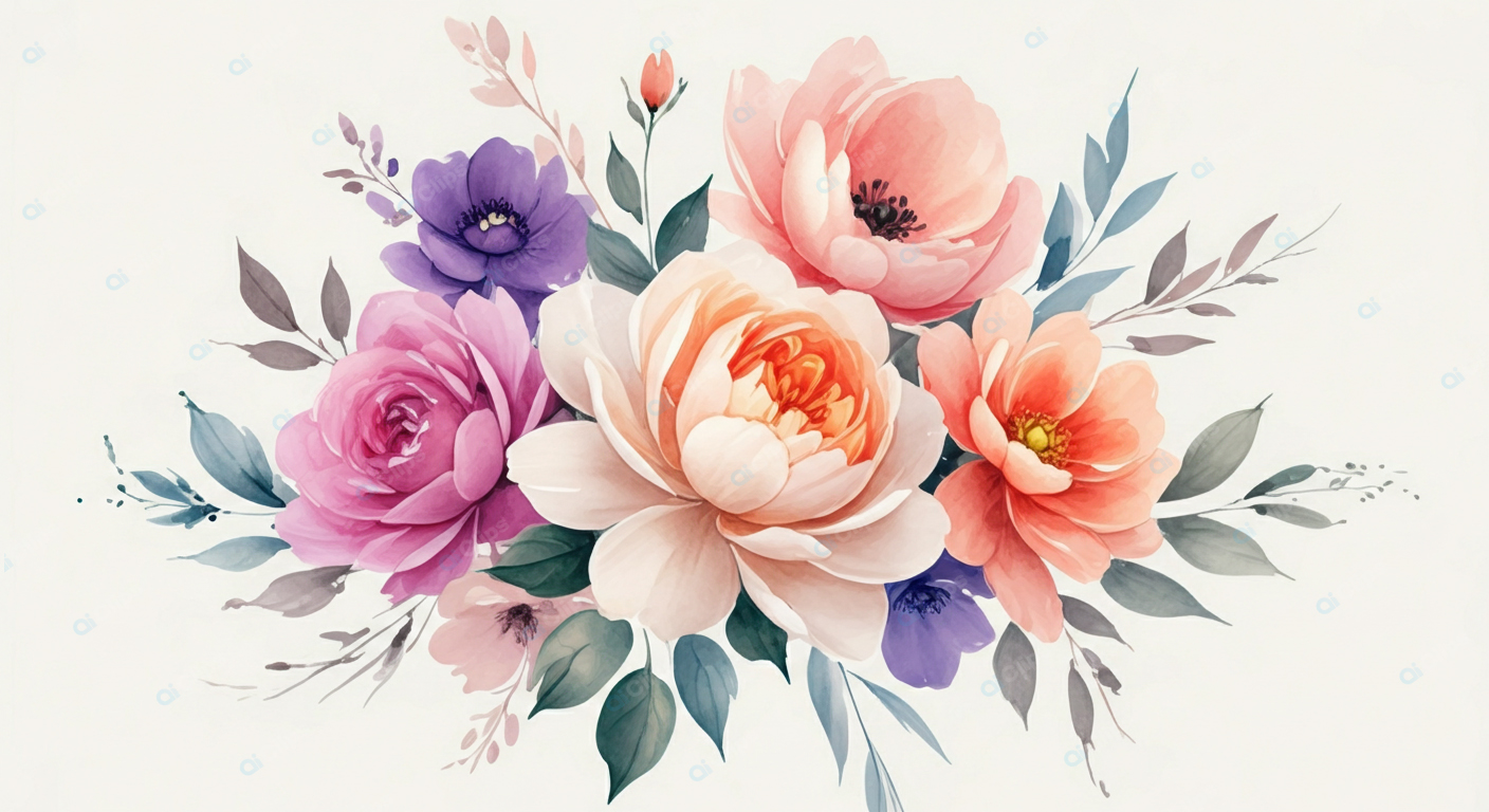 Watercolor Floral Bouquet with Soft Pastel Flowers and Elegant Foliage
