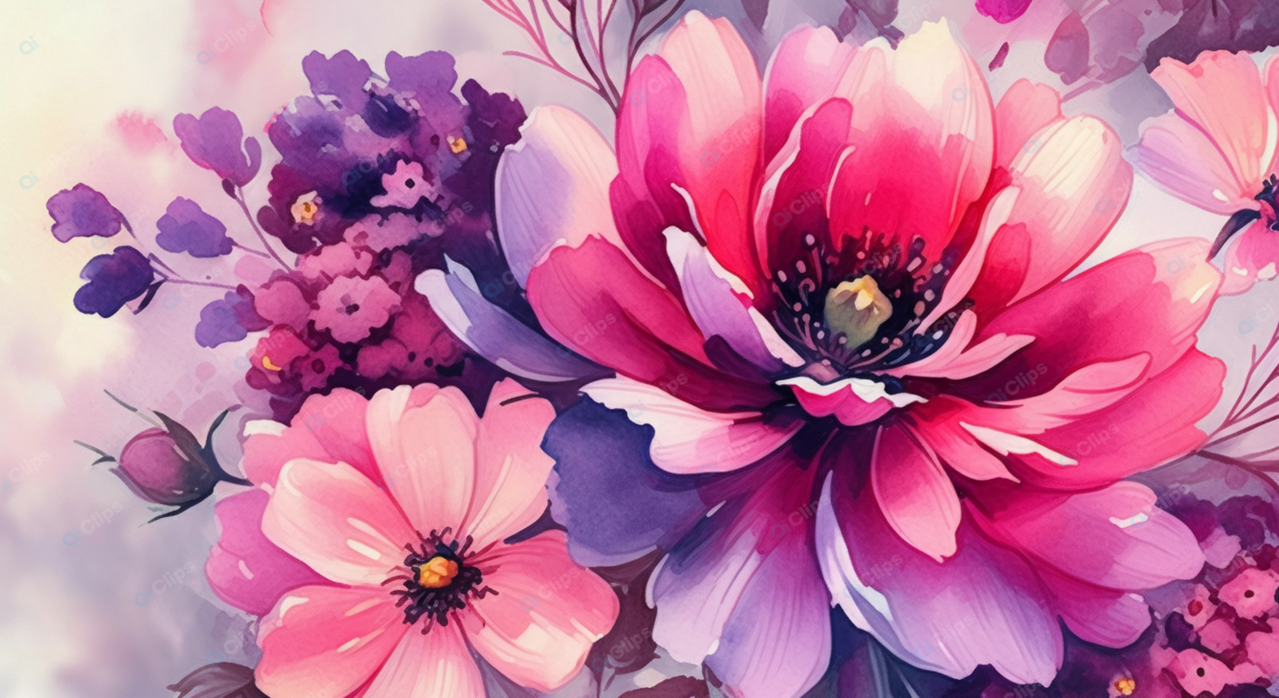 Vibrant Floral Watercolor Art with Pink and Purple Blooms