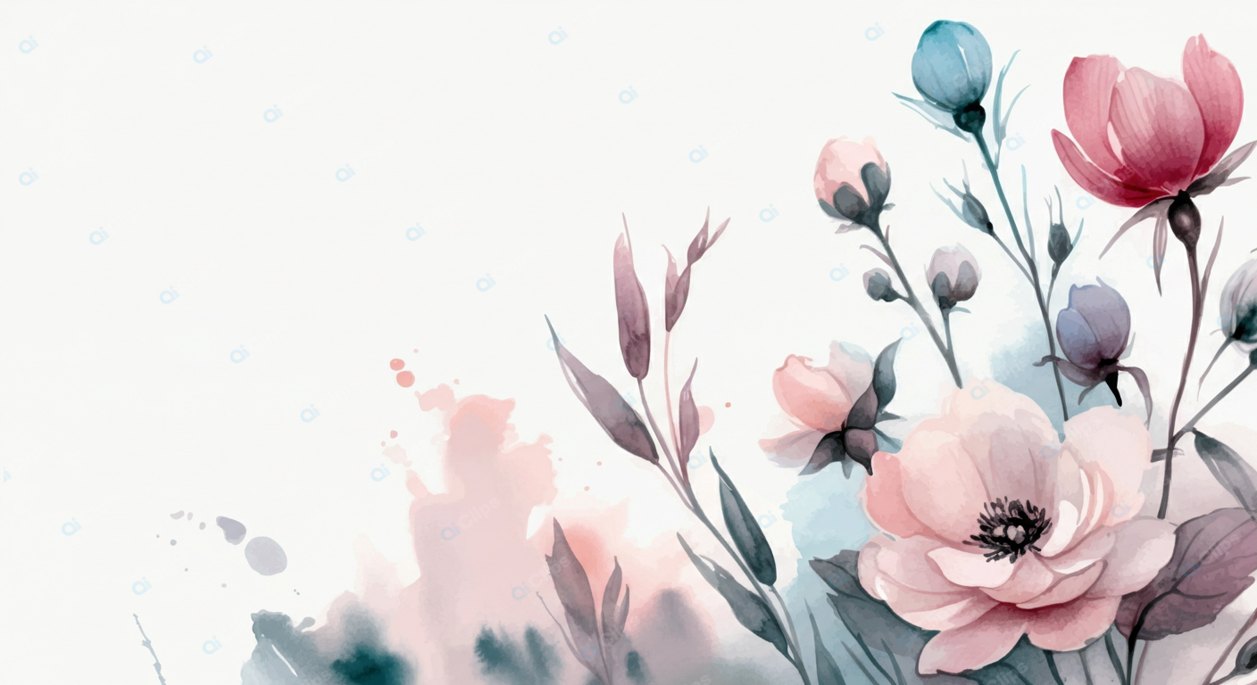 Watercolor Floral Art with Pastel Flowers and Leaves