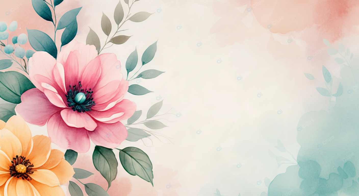 Floral Watercolor Background with Pink and Orange Flowers