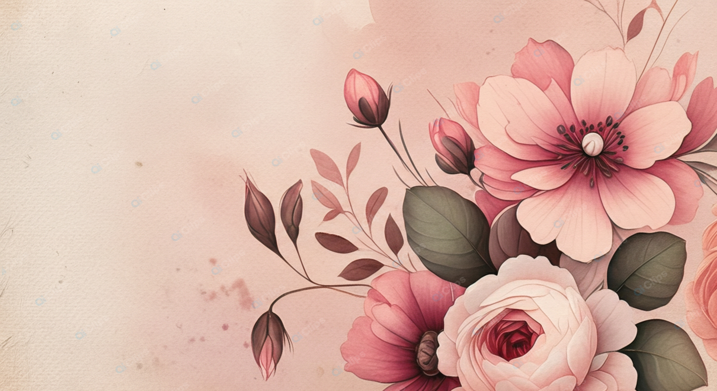 Pink Floral Watercolor Art with Leaves and Buds