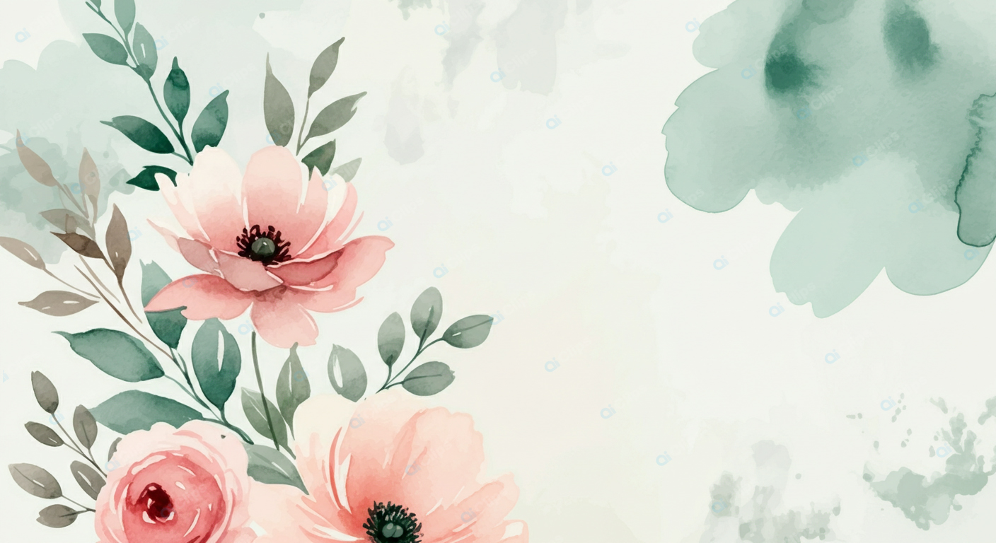 Pink Watercolor Flowers with Green Leaves Background