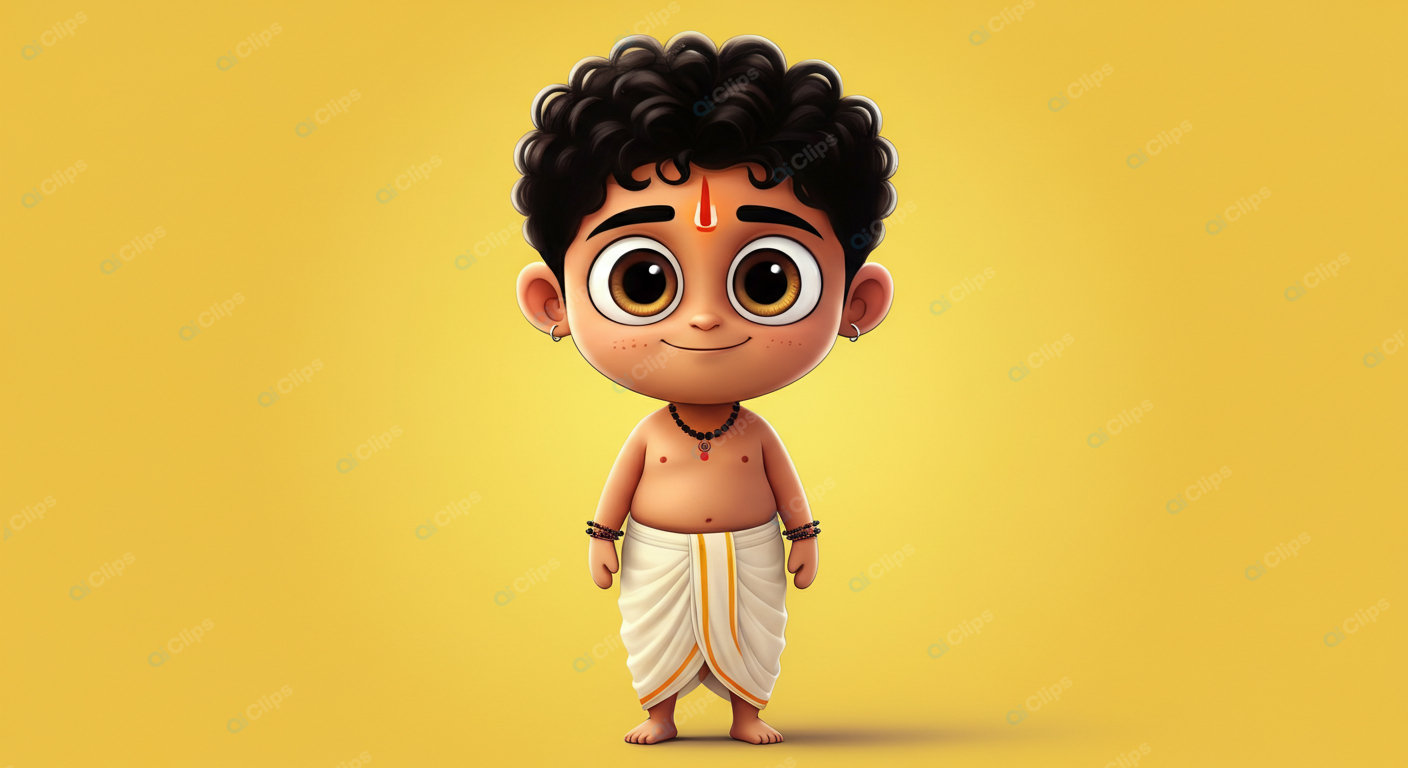 Cartoon Hindu Boy with Curly Hair and Tilak Illustration