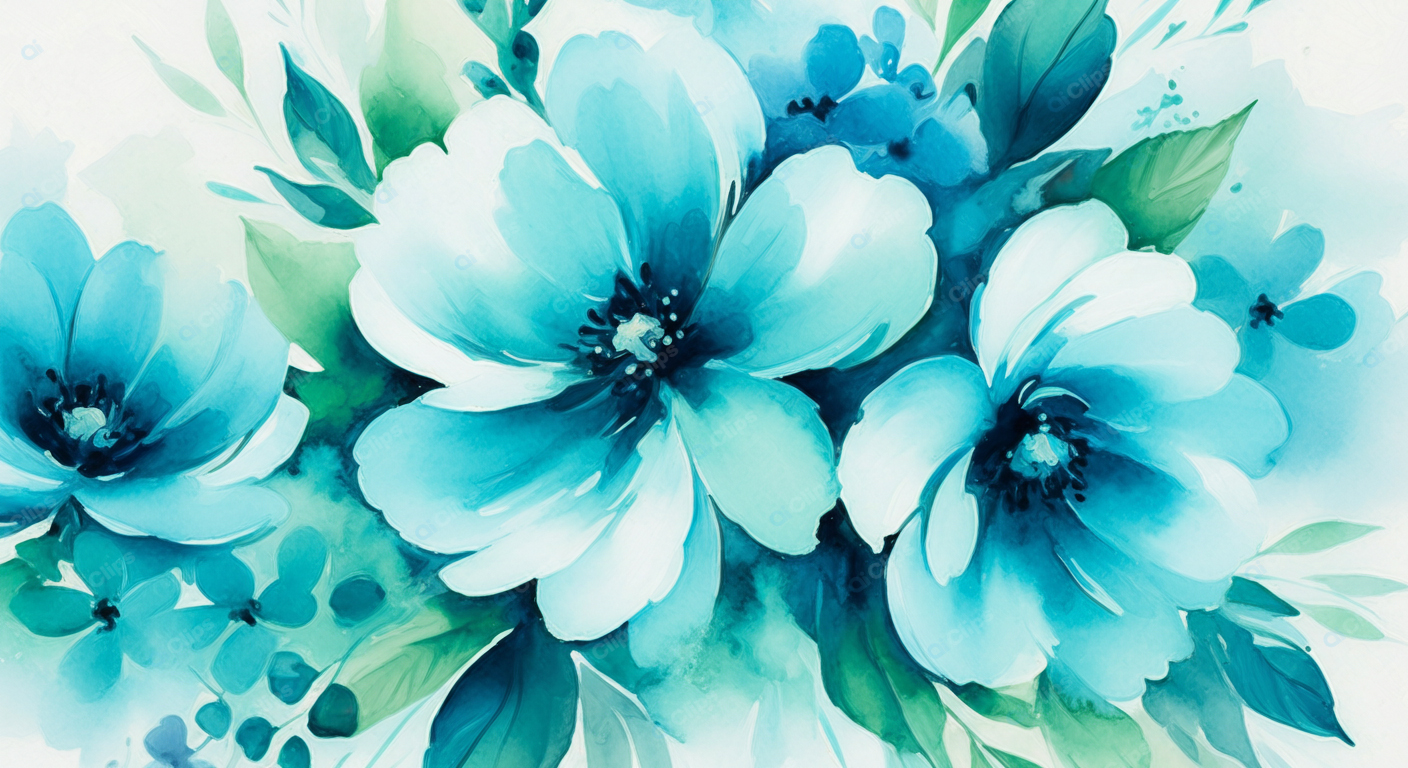 Blue Watercolor Floral Art with Lush Green Leaves