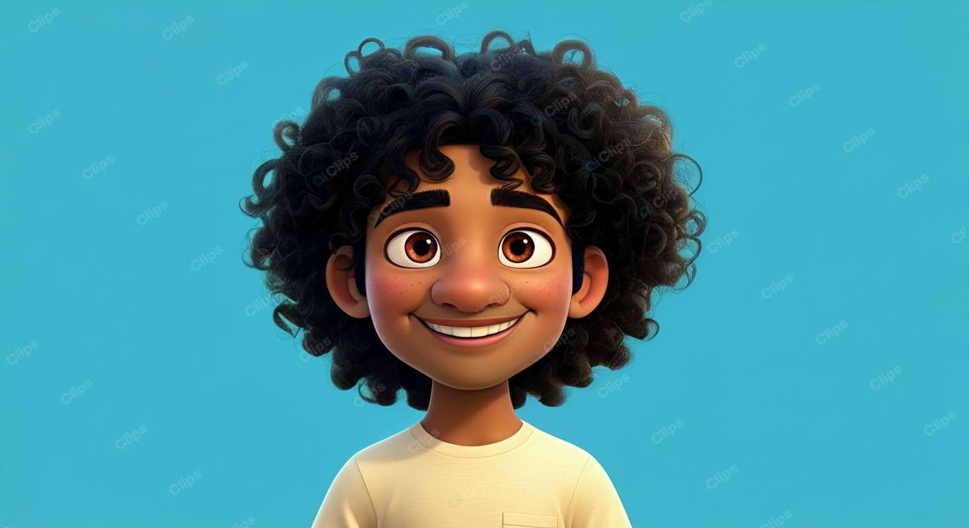 Smiling Animated Character with Curly Hair on Blue Background