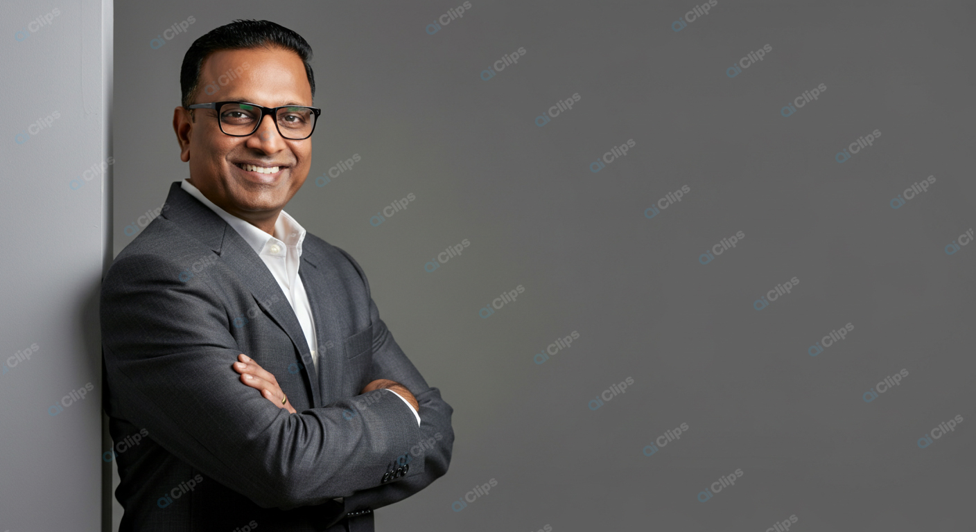 Businessman Smiling in Gray Suit with Folded Arms