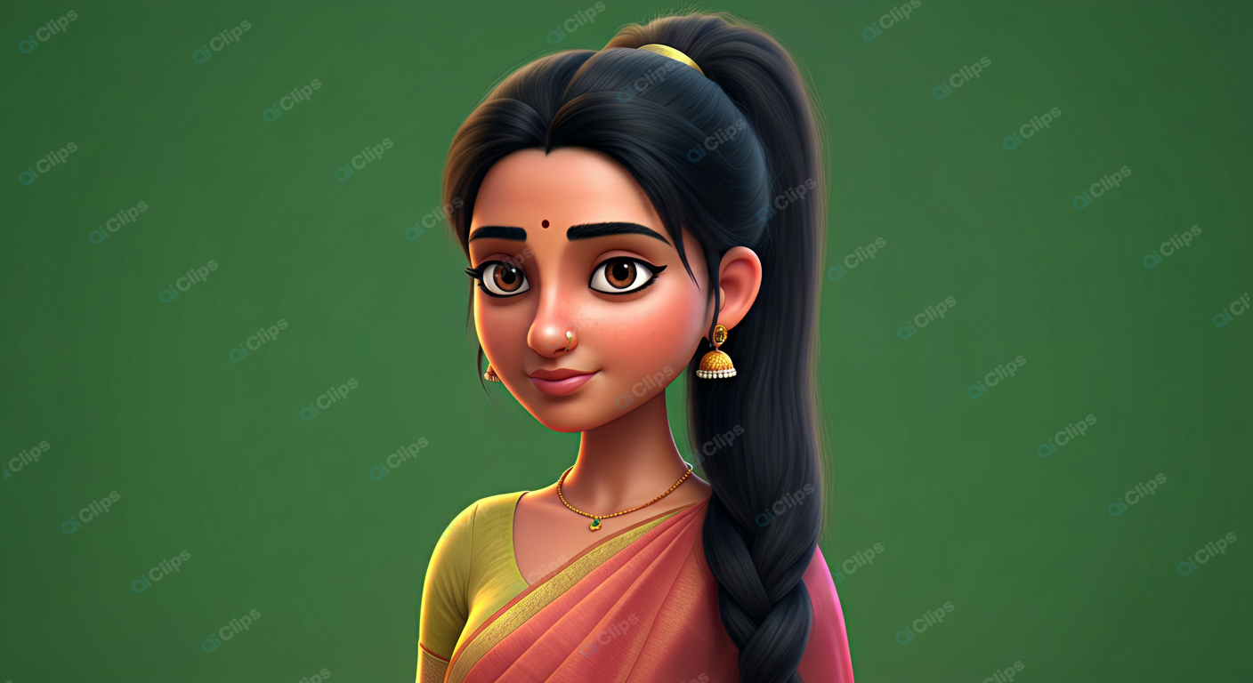 Animated Traditional Woman Portrait in Saree on Green Background
